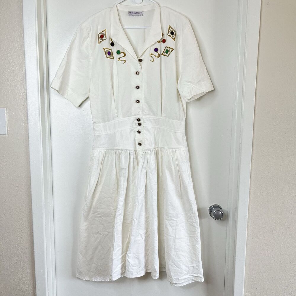 VTG Megan Moore Dress Sz L White Embroidered Button Cottagecore